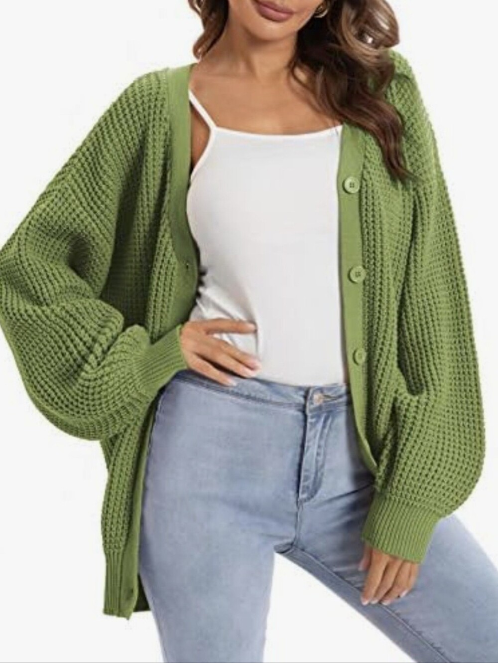 Qualfort 100% Cotton Chartreuse Button-Front Chunky Knit Cardigan Size L